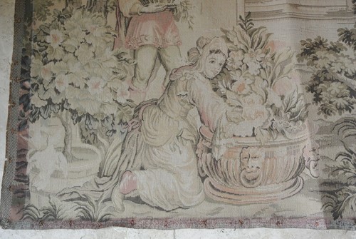 Vintage French Tapestry Aubusson Wall Hanging Romantic Music Scene 85" x 34" - Picture 10 of 17