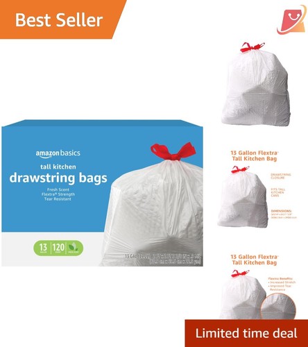 Tall Kitchen Drawstring Trash Bags, 13 Gallon, 120 Count, Fresh Scent, Durable