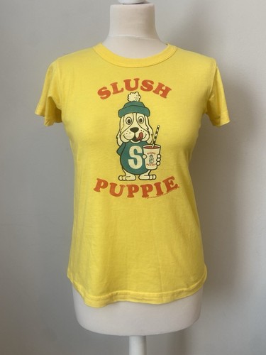 Neu Junk Food selten Vintage Slush Welpen T-Shirt Top gelb Spruch UK 8,10