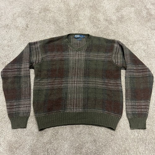 Maglione Polo Ralph Lauren vintage anni 80 L verde lana di agnello plaid nucleo cabina - Foto 1 di 9
