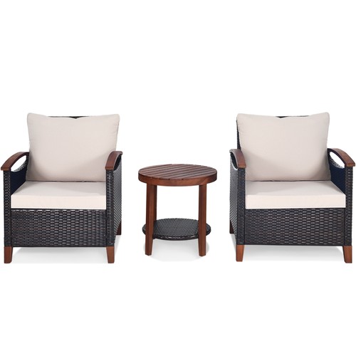 3PCS Patio Wicker Rattan Conversation Set Outdoor Furniture Set w/ Beige Cushion - Picture 4 of 10