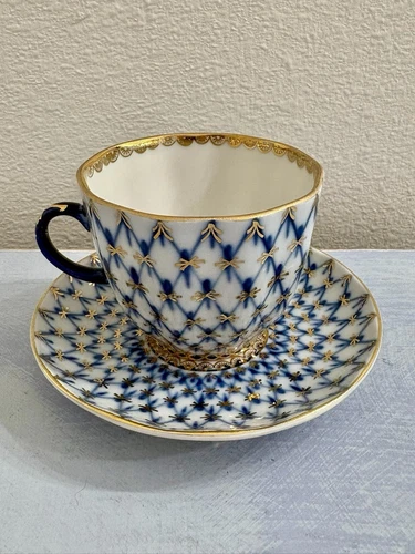 Russian Imperial LOMONOSOV Porcelain “Cobalt Net”  Demitasse Cup & Saucer