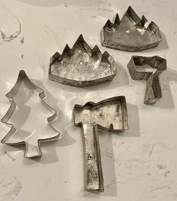 Vintage Tin Cookie Cutter Group Mountains Axe & Christmas Tree Cabin Farm Decor