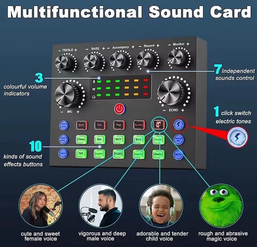 F998 Live Sound Card and Audio Interface with DJ Mixer Effects and Voice Changer - Picture 4 of 8