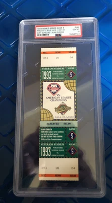 1993 WORLD SERIES Game 5 Full Ticket PSA 10 GEM MINT Phillies Blue Jays RARE!!!! - Image 1 of 2