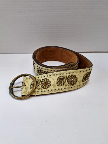 Damen Y2K hellbraun Echtleder Blumen Perlen Gürtel Gr. L Messingschnalle Boho Western