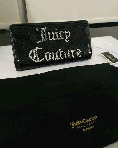 Juicy Couture Logo Pailletten Geldbörse Damen Schwarz Portemonnaie Laton Staubbeutel