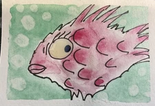ACEO Art Card Original Mixed Media Blowfish Fish ATC Watercolor Painting