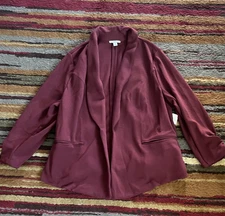 NWT Bar III Jacket Womens 1X Burgundy Open Front Blazer Ruched Sleeves Stretch