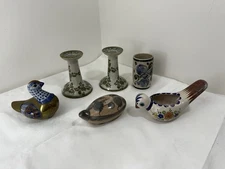 Vintage Tonala Figurines Birds Mexico Folklore Pottery Candle Sticks