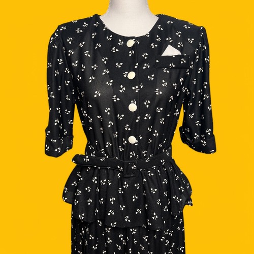 Vintage 80s Retro 40s Size Medium Black White Print Belted Peplum Dress Career - Picture 3 of 12