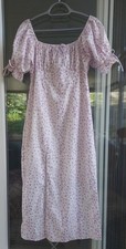 Pink Flowery Dress with Puff Sleeves with Tie Detail Size L Whimsical Boho Chic