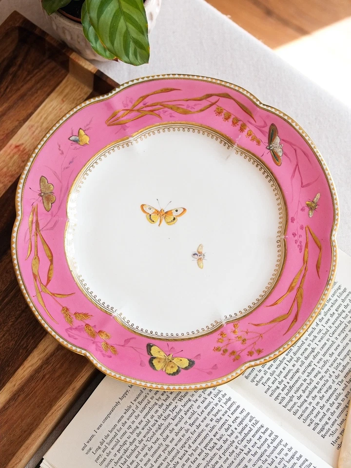 Antique Copeland Aesthetic Pink And Gold Hand Painted butterfly Porcelain Plate - Image 2 of 4