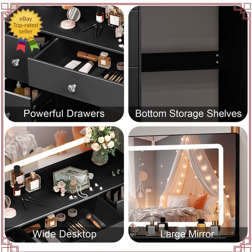 Large Dressing Table Black Vanity with LED Mirror and 7 Drawers Makeup Desk Set - Picture 5 of 10