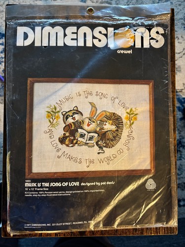 1978 Dimensions Linen Animals "Music is the Song of Love" Crewel Kit NIP 16x12" - Picture 1 of 2