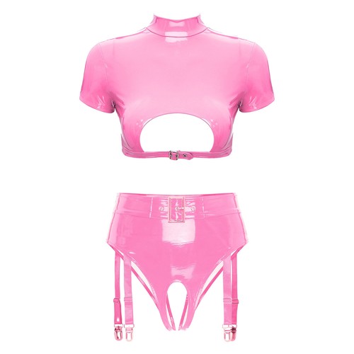 Women Clubwear Wetlook Lingerie Suspender Nightwear PVC Leather Bralette Teddy - Picture 4 of 50