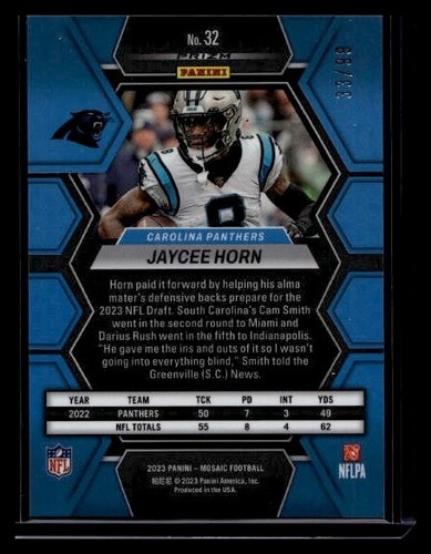 JAYCEE HORN 2023 Panini Mosaic Football Panthers Blue Mosaic Prizm /99 - Picture 2 of 2