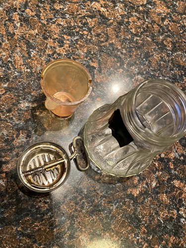 Vintage Nut Chopper Grinder Glass Jar with Yellow W/ Measure Cup Top Black Tape - Picture 5 of 6