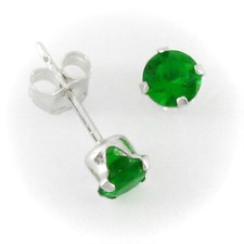 4mm Round CZ Emerald Simulant Sterling Silver Post Earrings