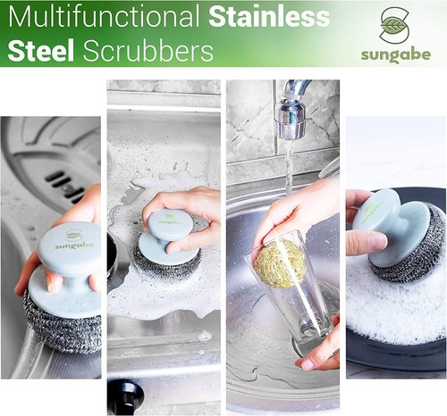 6 Pcs Stainless Steel Scrubber Sponges w/3 Nylon Scouring Pads&1 Plastic Handle - Picture 7 of 9