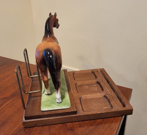 VINTAGE Wood Desk Mail Tray Organizer with Ceramic Horse 9x7 UNIQUE - 第 4/11 張圖片