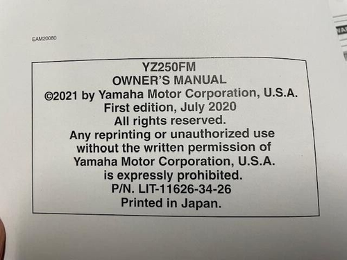 YAMAHA OWNER'S SERVICE MANUAL / YZ250FM / 2021 / NEW DEALER OWNED - Bild 2 von 3