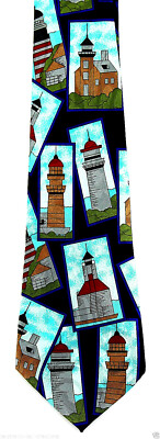 Lighthouse Blocks Men's Necktie Nautical Ocean Sea Light Gift Black Neck Tie 