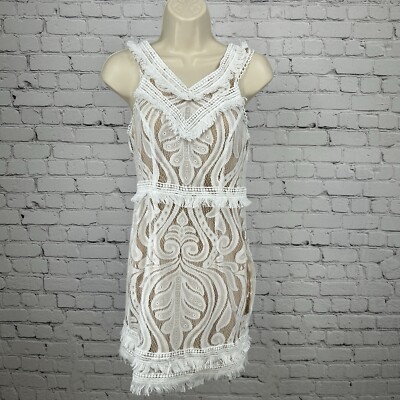 Ryse The Label Off White Sleeveless V Neck Lace Fringe Mini Dress Size Small S