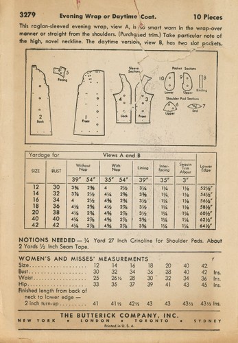 Butterick 3279 Glamorous Evening Wrap or Daytime Coat Sz 14 COMPLETE 1940s - Picture 3 of 5