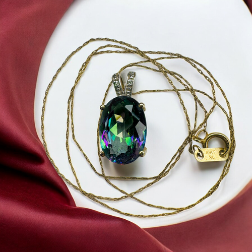 VINTAGE- 10K Gold- LARGE Mystic Topaz & Diamond Necklace -20"- Oval Cut -3.3g - Picture 14 of 21