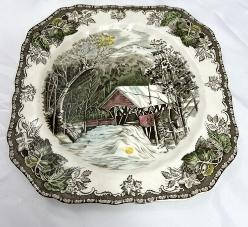 Set of 2 Johnson Brothers Friendly Village The Covered Bridge Square Plates - Picture 3 of 7