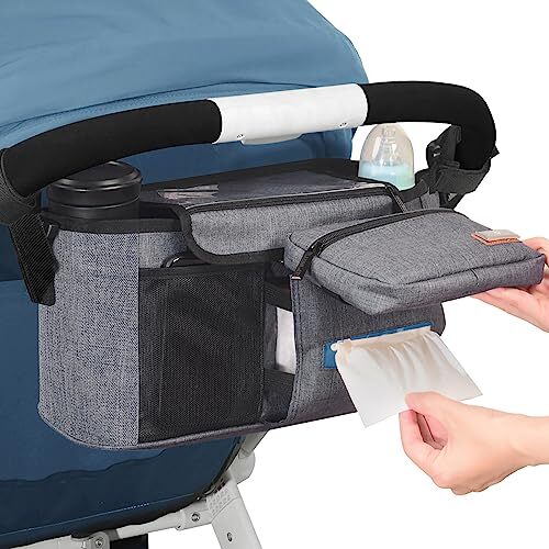 Organizer passeggino universale, borsa portaoggetti grande passeggino con tazza grigio plus - Foto 3 di 8