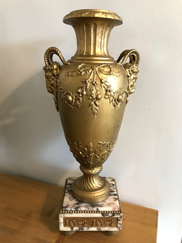 Antique--Victorian Spelter Metal Vase--Urn, RAM'S Heads, Marble Base, Roses