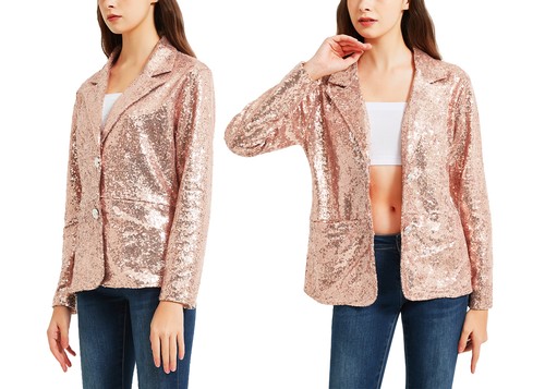Blazer chaquetas informales de lentejuelas de manga larga para mujer abrigo brillante con bolsillo - Imagen 4 de 6
