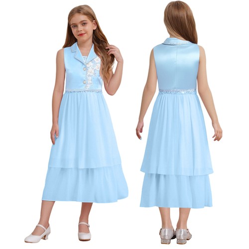 Girls Bolero Set Eye-catching Dress Set Sleeveless Lapel High Waist Wedding - Picture 54 of 69