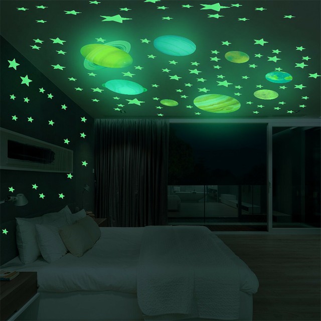 1 Set 100 Stars 8 Planet Luminous Wall Stickers Glow In Dark Bedroom Wall Decal