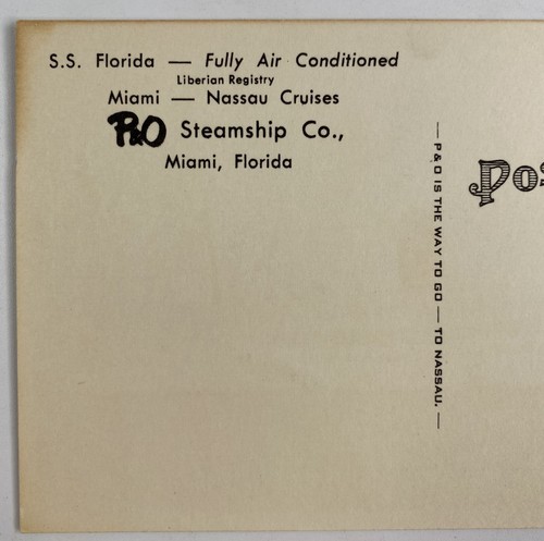 Postcard SS Florida Steamship Nassau Cruises P & O Steamship Co. Miami FL 1950 - Picture 3 of 3
