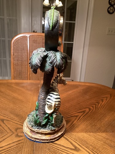 Zebra clock resin sculptured under palm trees 15"Ht. Functioning Clock E4 - Picture 4 of 5