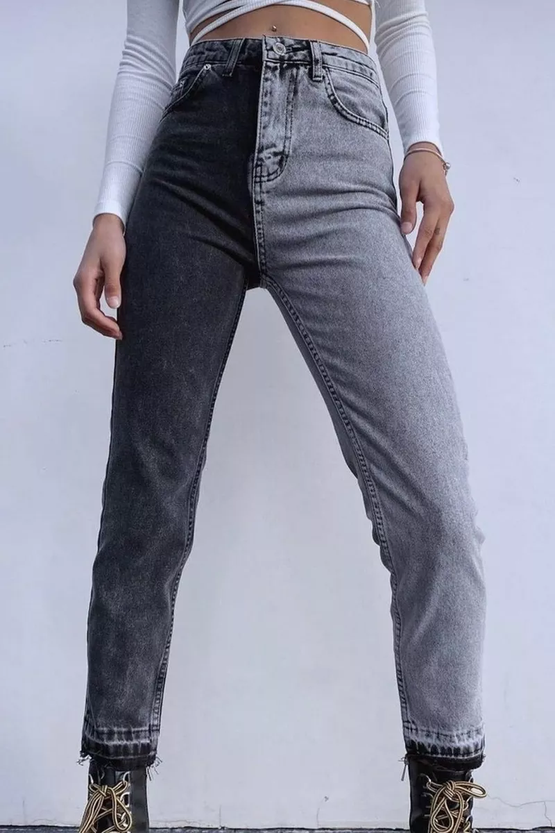 Women's Gray Black High Waist Two Tone Color Mom Jeans Jeans Denim Pants