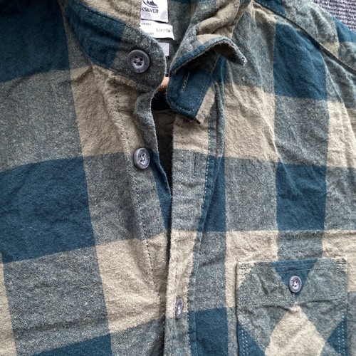 Quiksilver Mens Small Button Up Shirt Green Khaki Buffalo Plaid Flannel Pocket - Picture 6 of 15
