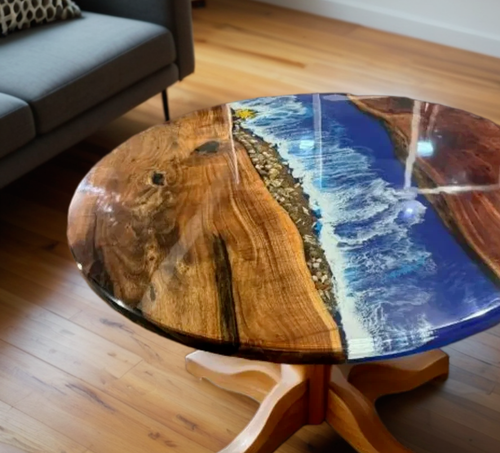 Ocean Wave Round Epoxy Coffee Table Top, Handmade Wooden Resin Live Edge Table - Picture 3 of 7