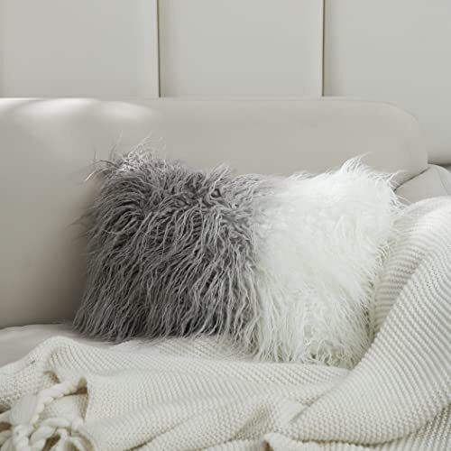 Faux Fur Lumbar Pillowcase, 1-Packed, Decorative 12" x 20" Gradient Grey - Picture 1 of 7