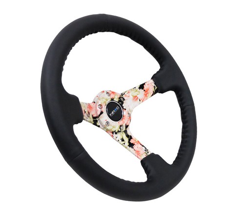 Rueda de dirección reforzada de cuero negro profundo NRG®350 mm 3" con 3 radios florales tropicales - Imagen 2 de 4