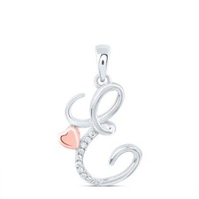 925 Sterling Silver Diamond Cursive Font w/ Pink Heart Initial E Pendant 1/20 CT