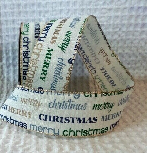 Wired Ribbon MERRY CHRISTMAS 2.5 Wide 5 Yard Holiday Theme Blue Green Gold Font