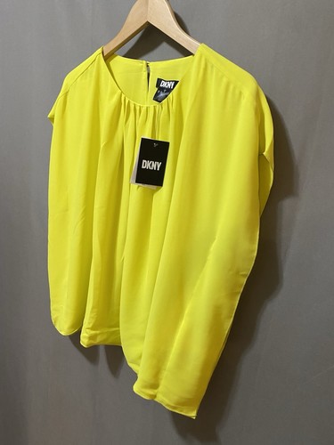 NWT DKNY Women Short Sleeve Pleated Round Neck Square Crepe Blouse SZ M Yellow - Picture 6 of 16