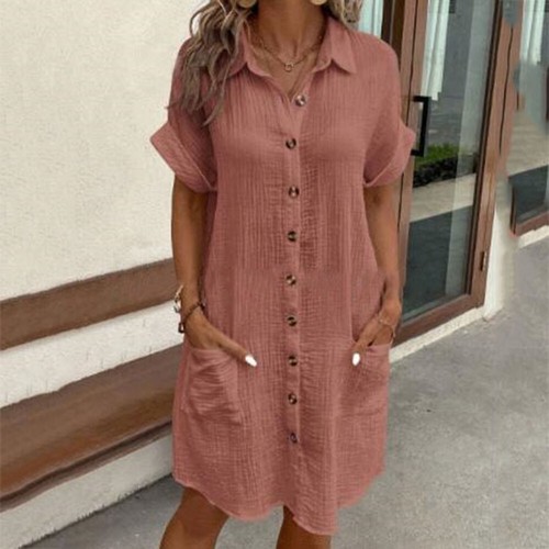 Kurzarm-Hemdkleid Für Damen Lässiges Strand-Sommerkleid Mit Knöpfen Kleider | - Picture 20 of 29