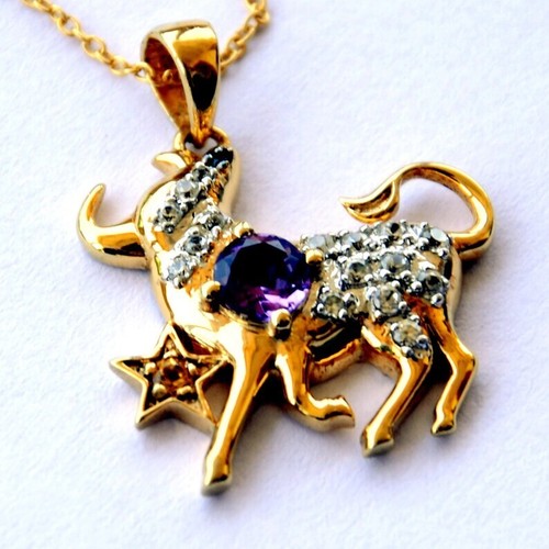 0.35 Ct Real Amethyst & CZ Pendant Libra ZODIAC SIGN 925 Silver Gold Plated - Picture 9 of 17