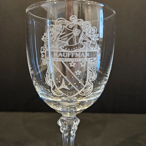 Lead Crystal Wine Glass with Etched Coat of Arms and the name "Kauffman" (#164) - Picture 5 of 5