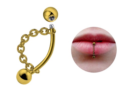 Titanium Lip Ring Vertical Labret Piercing with Chains - Body Jewelry Curved Bar - Picture 5 of 9